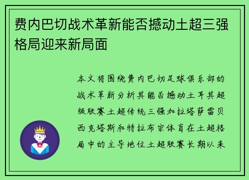 费内巴切战术革新能否撼动土超三强格局迎来新局面